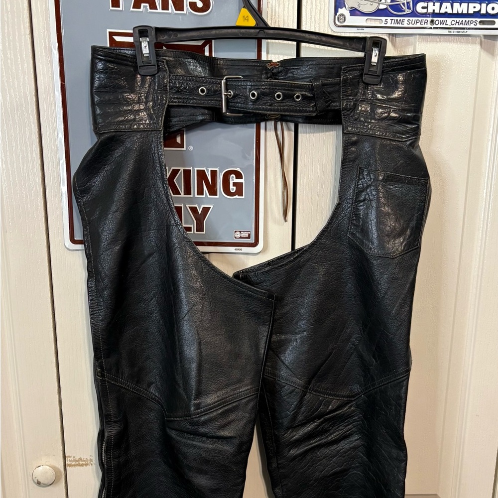 Men's Black Leather Motorcycle Chaps with Belted Waist